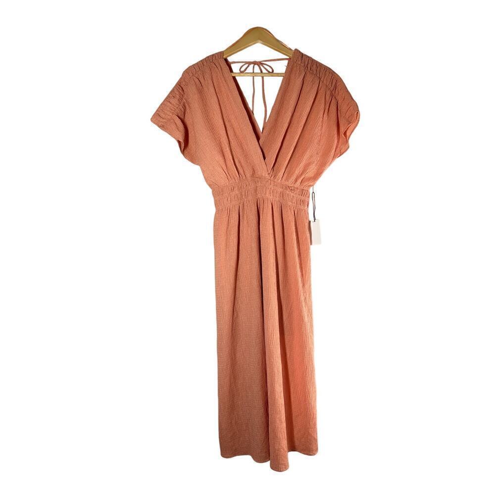 FLORET STUDIOS Shirred Dolman Sleeve Plissé Midi Dress Size Small Salmon